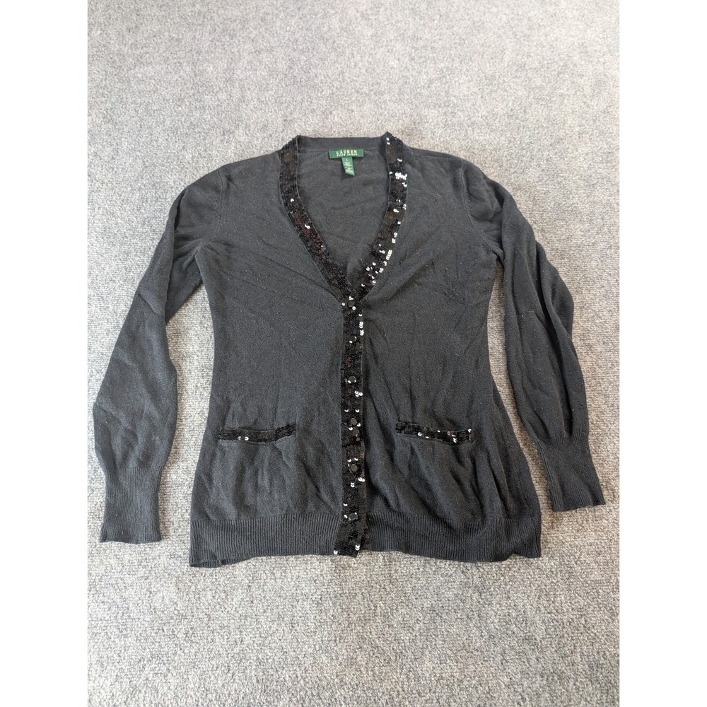 Lauren Ralph Lauren Cardigan Women L Black Silk and Cashmere Blend Lace Trim